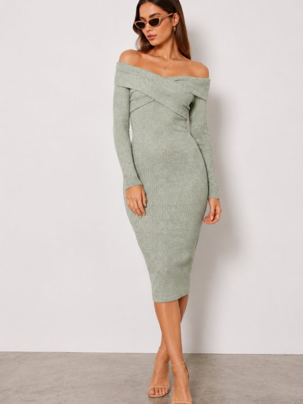 Sage Green Off Shoulder Midi Sweater Dress Bodycon NWT